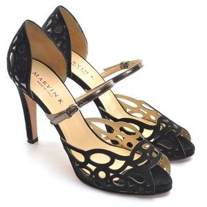 Marvin K. Black Suede Laser Cut Peep Toe Pumps 9.5 M